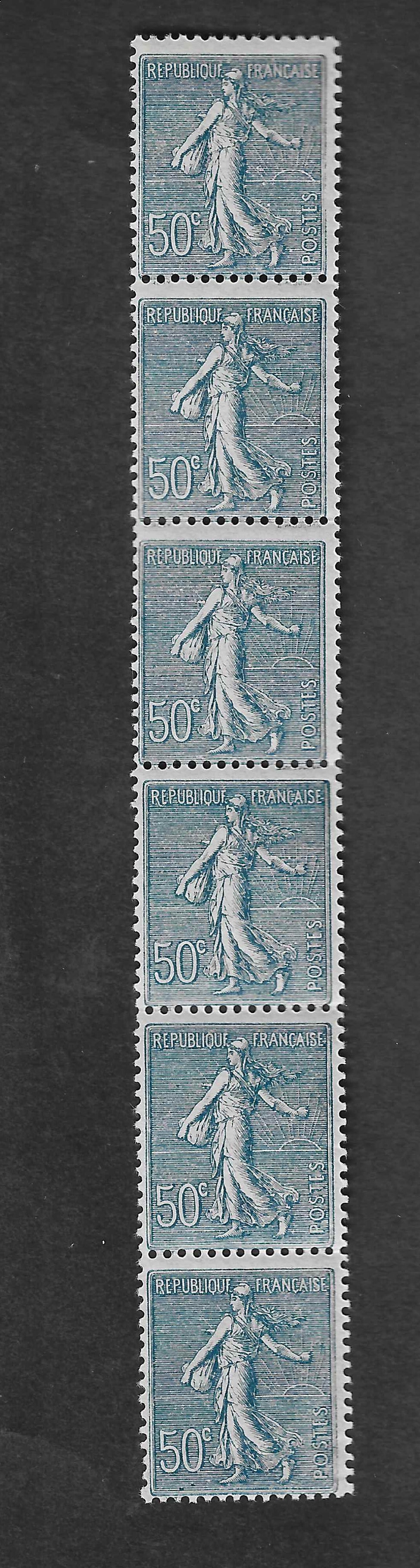 Roulette n° 7 - Semeuse 50 c. bleu - bande de 6 exemplaires - neuve** - SUP - signée Calves