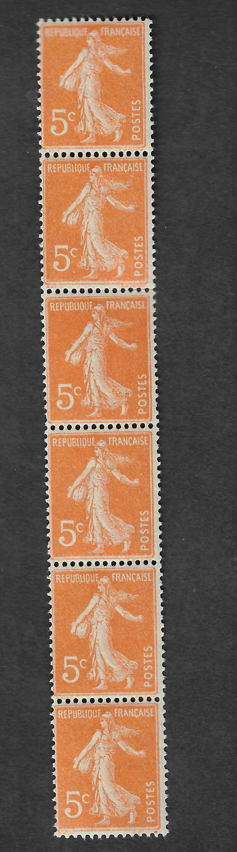 Roulette n° 5 - Semeuse 5 c. orange - bande de 6 exemplaires - neuve** - SUP - signée Calves