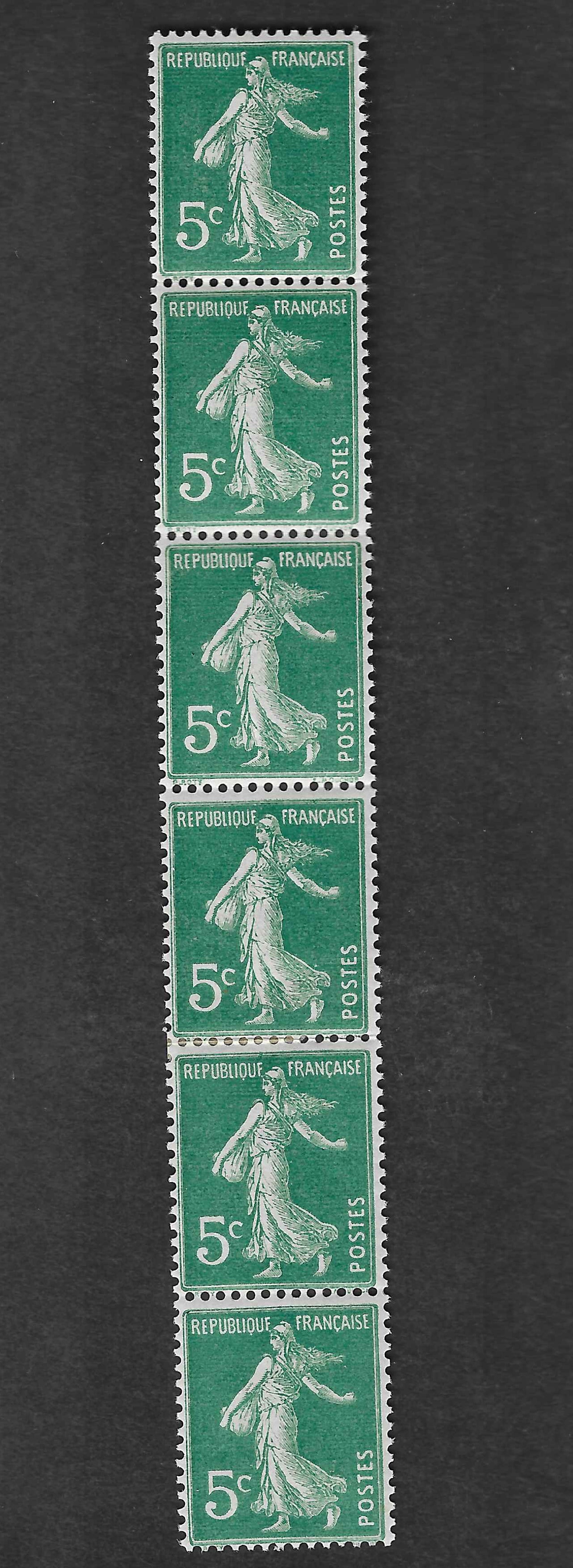 Roulette n° 1 - Semeuse 5 c. vert - bande de 6 exemplaires - neuve*/** - TB - signée Calves