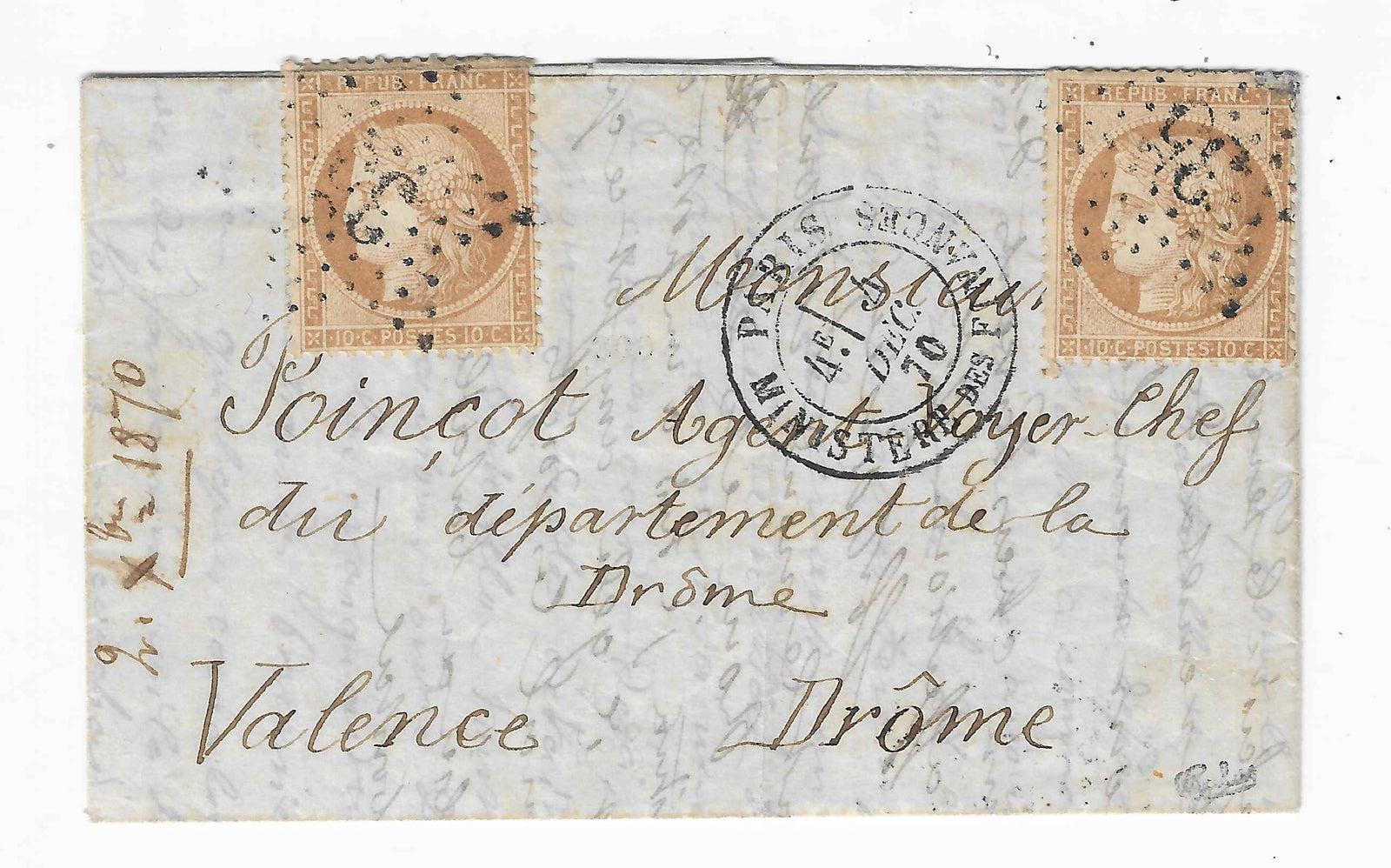 Ballon-monté - affranchi avec deux n°36 - cachet d'arrivée - SUP - signé Calves