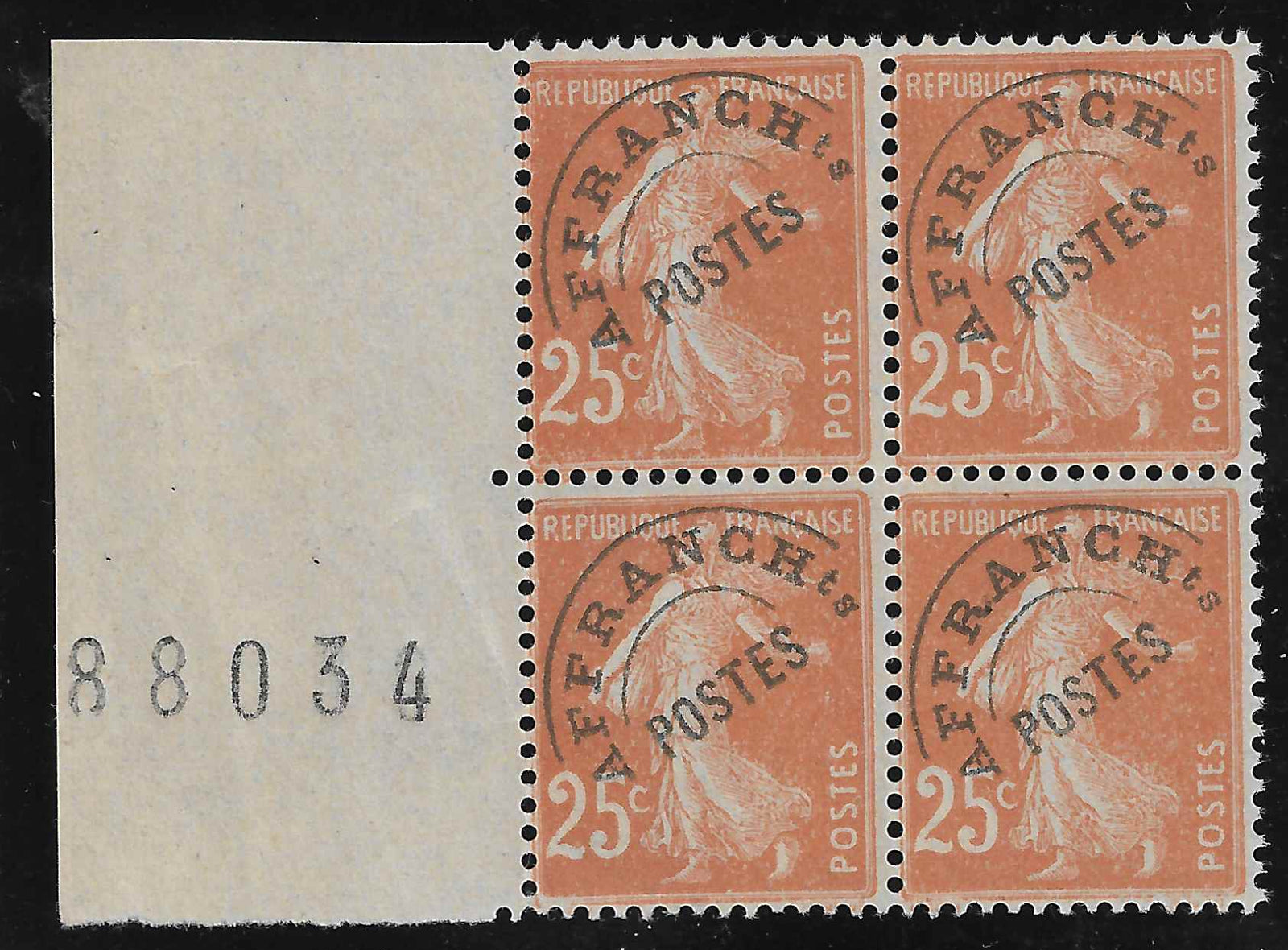 Préoblitéré n°57 - issu de roulette - en bloc de 4 exemplaires avec numéro de feuille à gauche - neuf** - SUP - signé et avec certificat Calves