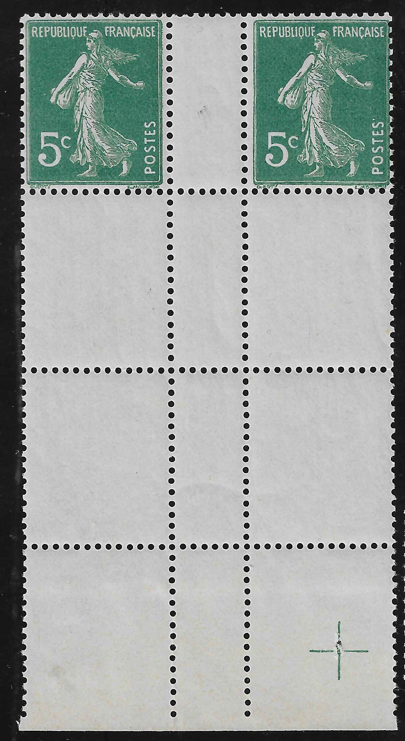 N°YT 137 - issu de roulette - en bloc de 6 exemplaires avec 4 exemplaires non imprimés - neuf** - SUP - signé et avec certificat Calves