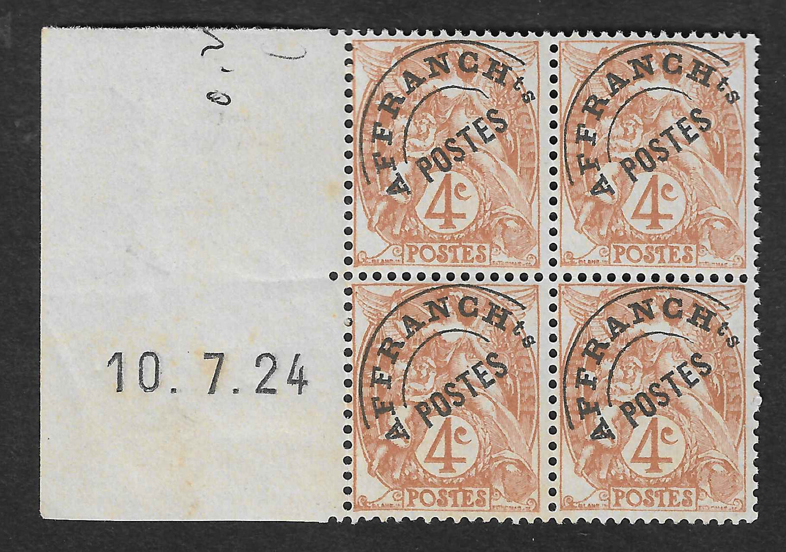 Préoblitéré n°40a - type II - issu de roulette - en bloc de 4 exemplaires avec coin daté à gauche - neuf** - TB - signé et avec certificat papier Calves