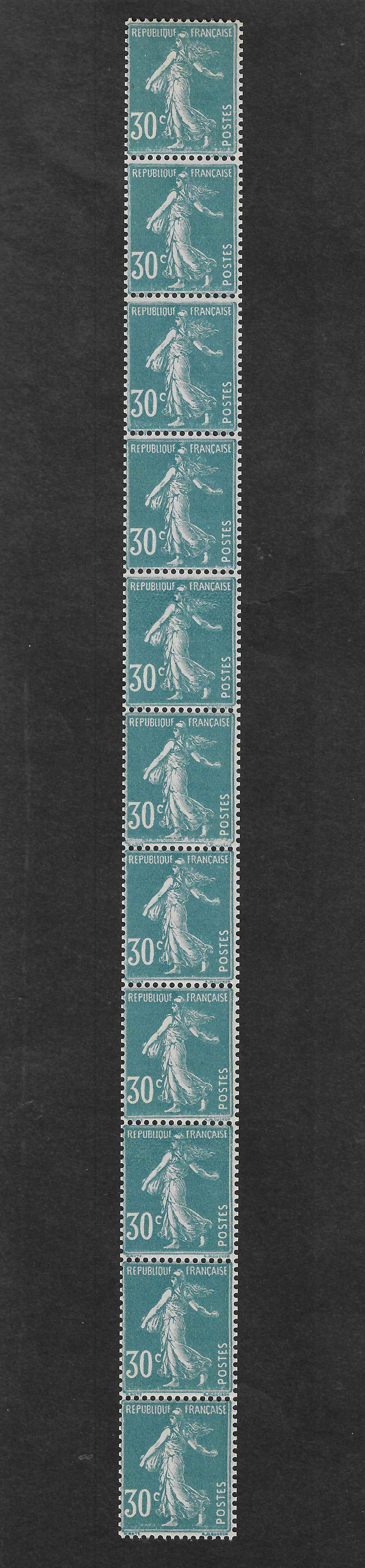 N°YT 192c - issu de roulette - bande verticale de 11 exemplaires - neuve*/** - TB - signée et avec certificat papier Calves