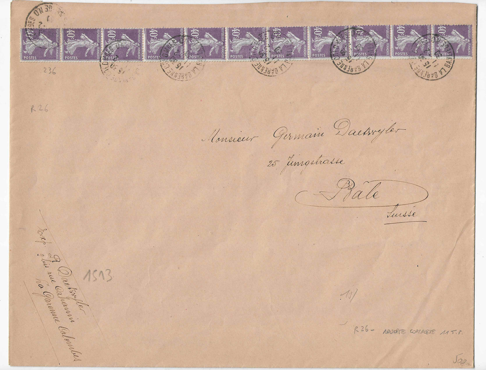 N°YT 236 - issu de roulette - bande verticale de 11 exemplaires - oblitérée sur lettre - TB - signée et avec certificat Calves