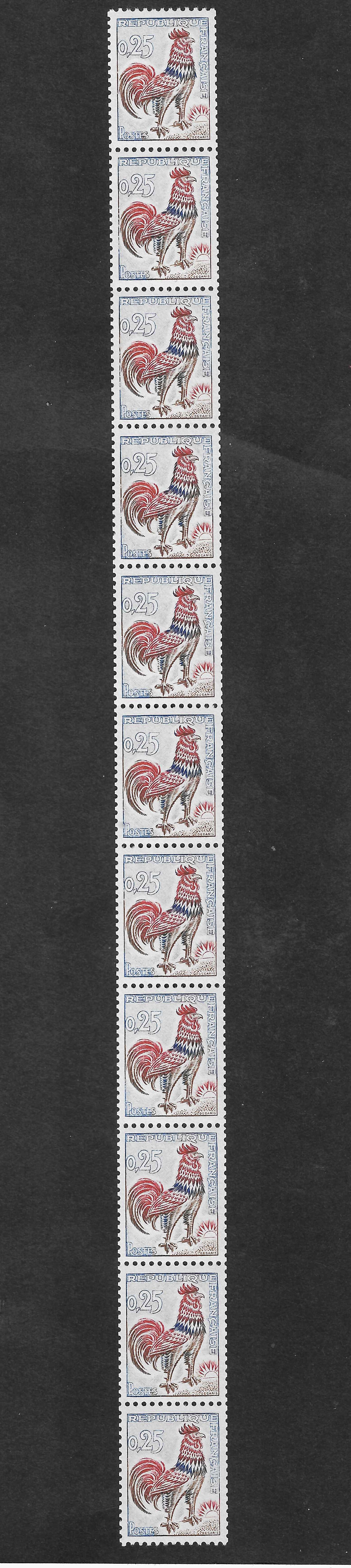 N°Yvert 1331 - issu de roulette - bande verticale de 11 exemplaires avec numéro vert - neuve** - SUP - signée Calves