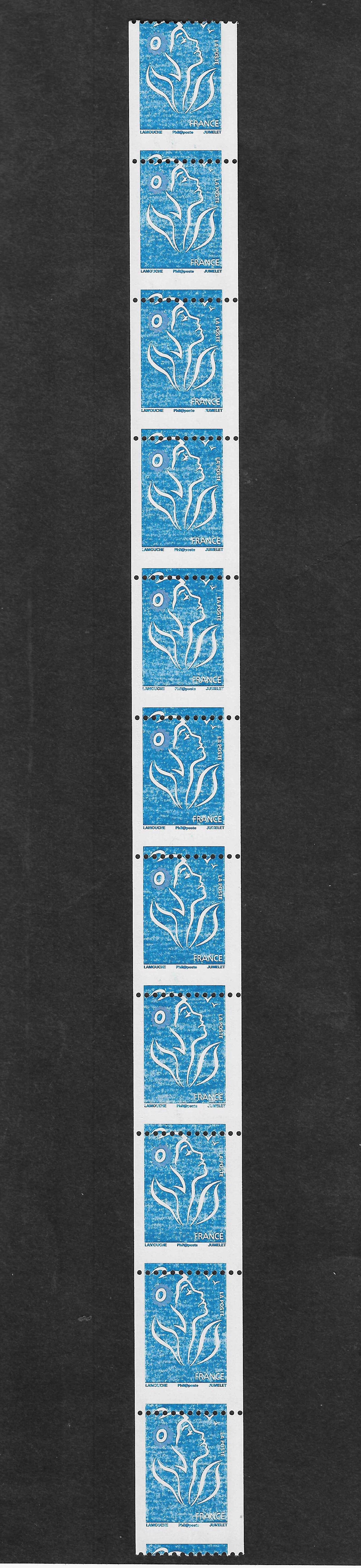 N°Yvert 4159 - issu de roulette - bande verticale de 11 exemplaires avec impression défectueuse et piquage à cheval - neuve** - SUP - signée Calves