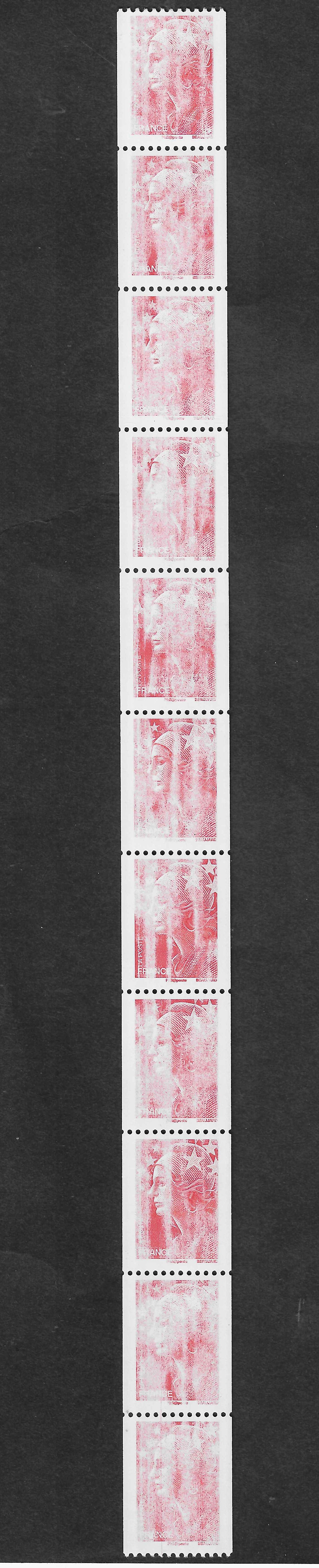 N°Yvert 4240 - issu de roulette - bande verticale de 11 exemplaires avec impression très défectueuse - neuve** - SUP - signée Calves
