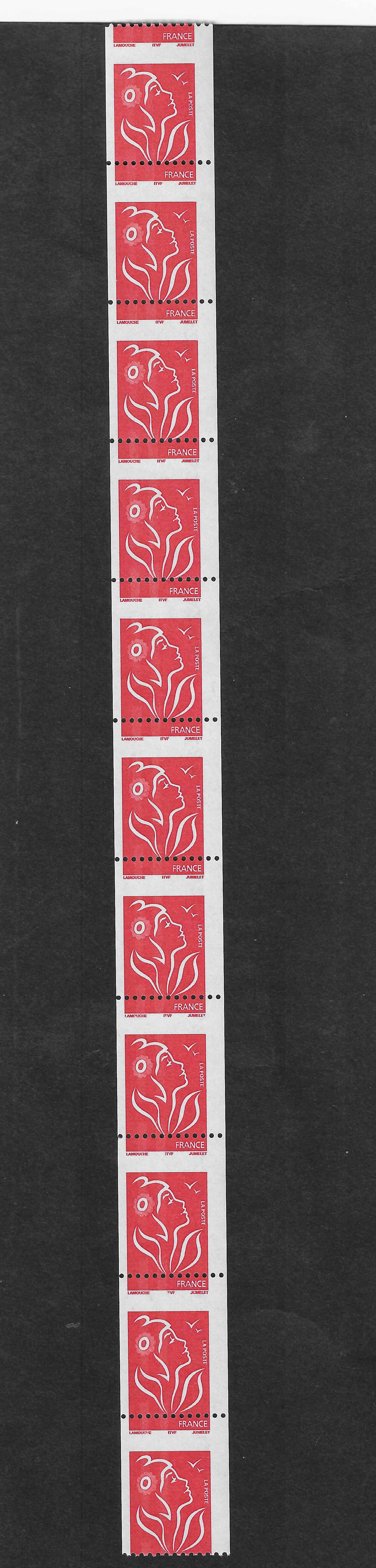 N°Yvert 3743g - issus de roulette - bande verticale de 11 exemplaires avec piquage à cheval, 2 bandes à gauche - neuve** - SUP - signée Calves