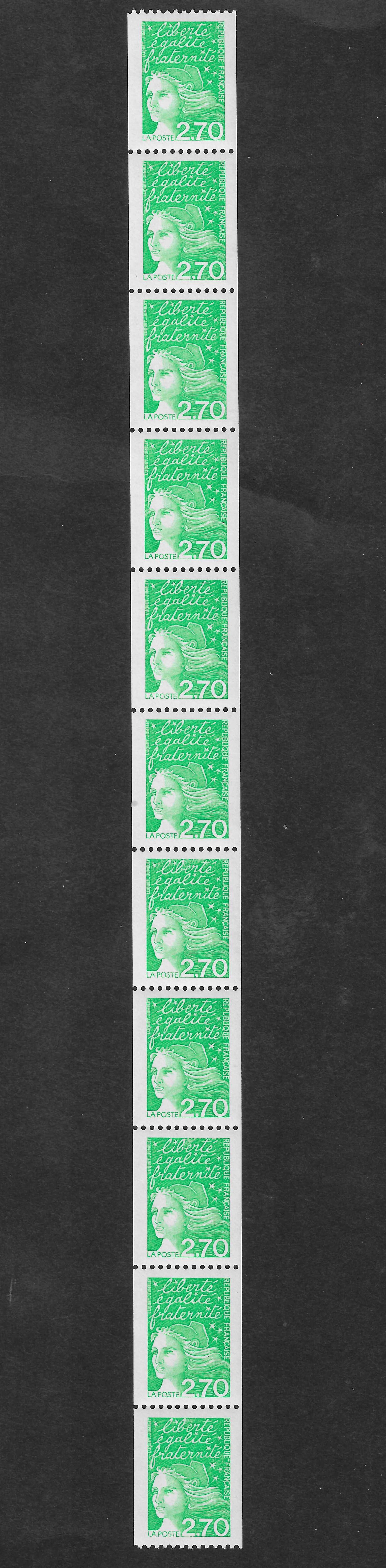 N°Yvert 3100b et 3100c - issus de roulette - bande verticale de 11 exemplaires sans bandes phosphorescentes - neuve** - SUP - signée et avec certificat Calves