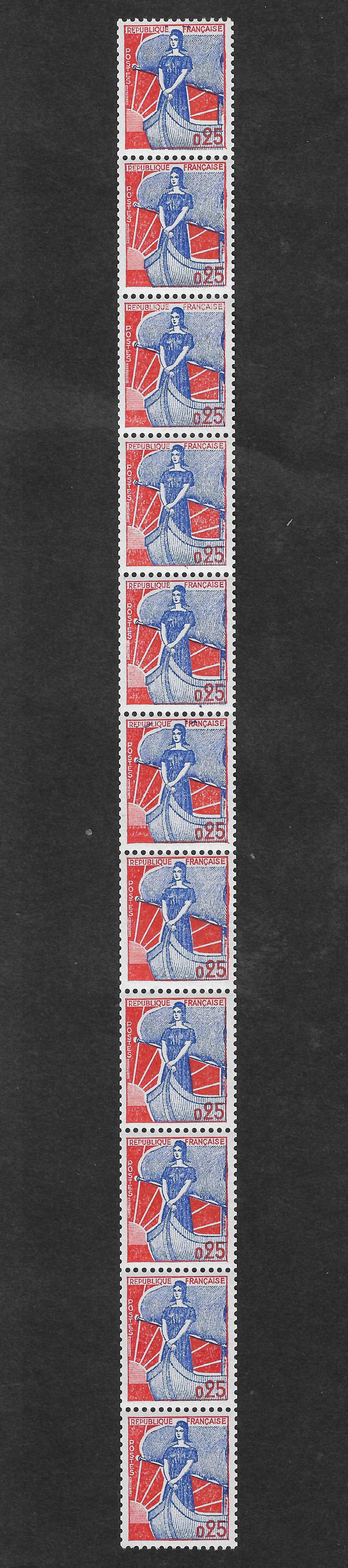 N°Yvert 1234 - issus de roulette - bande verticale de 11 exemplaires- neuve** - SUP - signée Calves