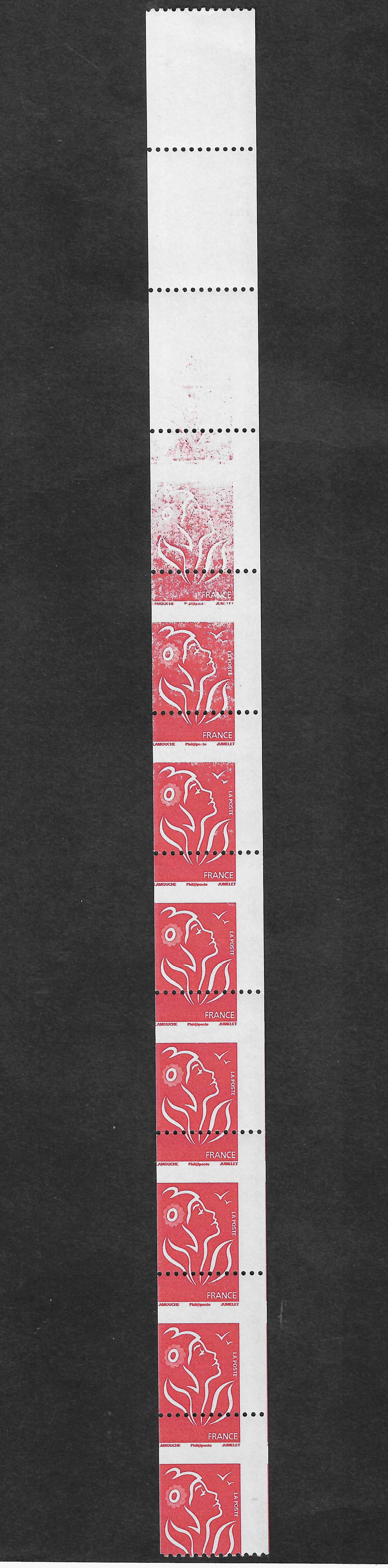 N°Yvert 3743A - issus de roulette - bande verticale de 11 exemplaires avec impression à sec et piquage à cheval latéral - neuve** - SUP - signée Calves