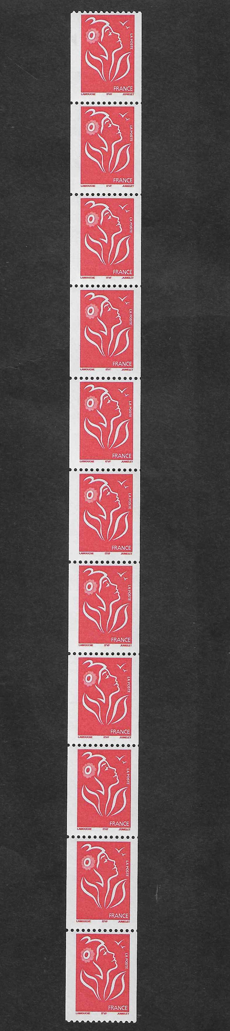 N°Yvert 3743a - issus de roulette - bande verticale de 11 exemplaires sans bandes phosphorescentes - neuve** - SUP - signée Calves