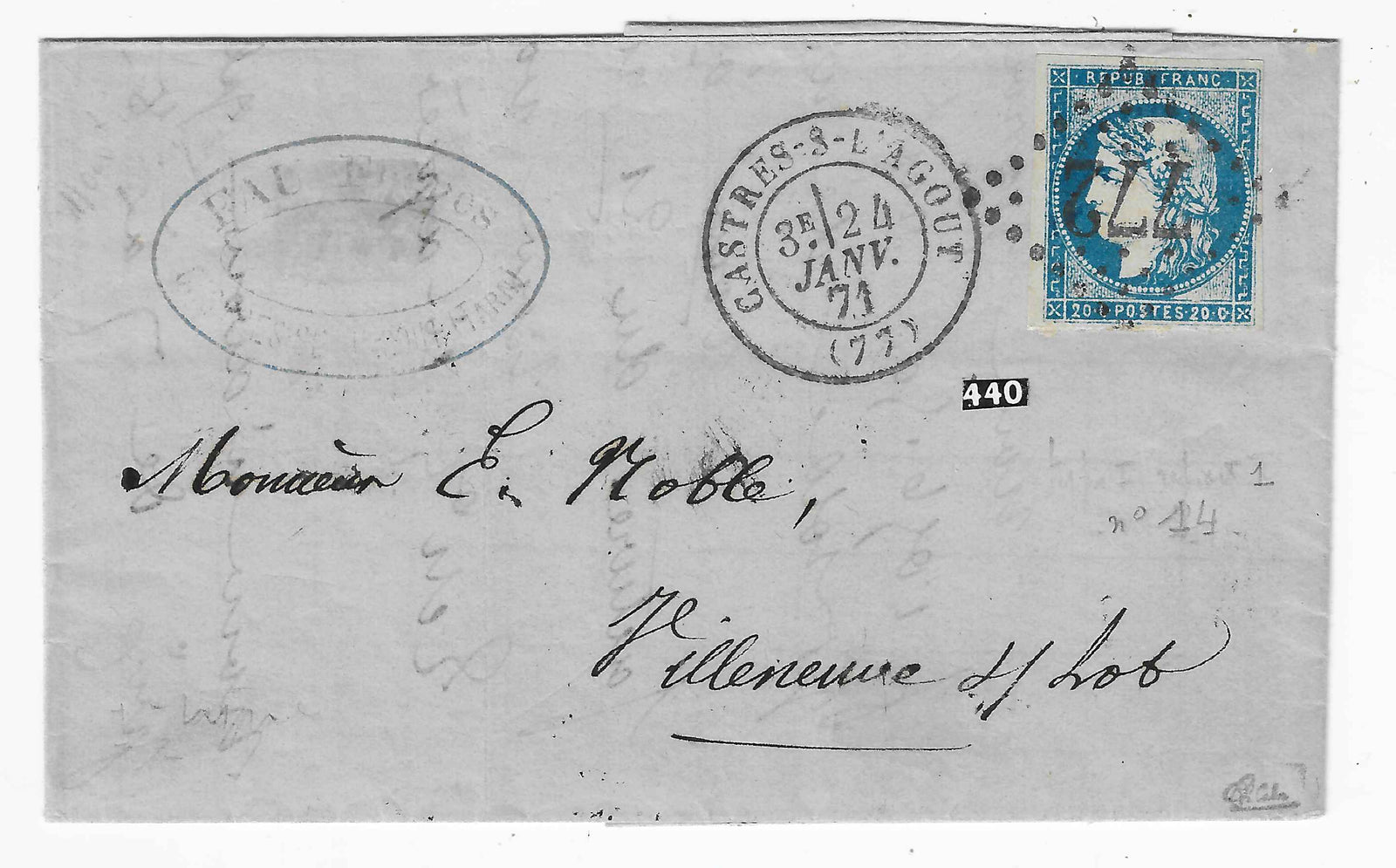 N°44A - Emission de Bordeaux - 20 c. bleu type 1 report 1 - sur lettre - TB - signé et avec certificat papier Calves