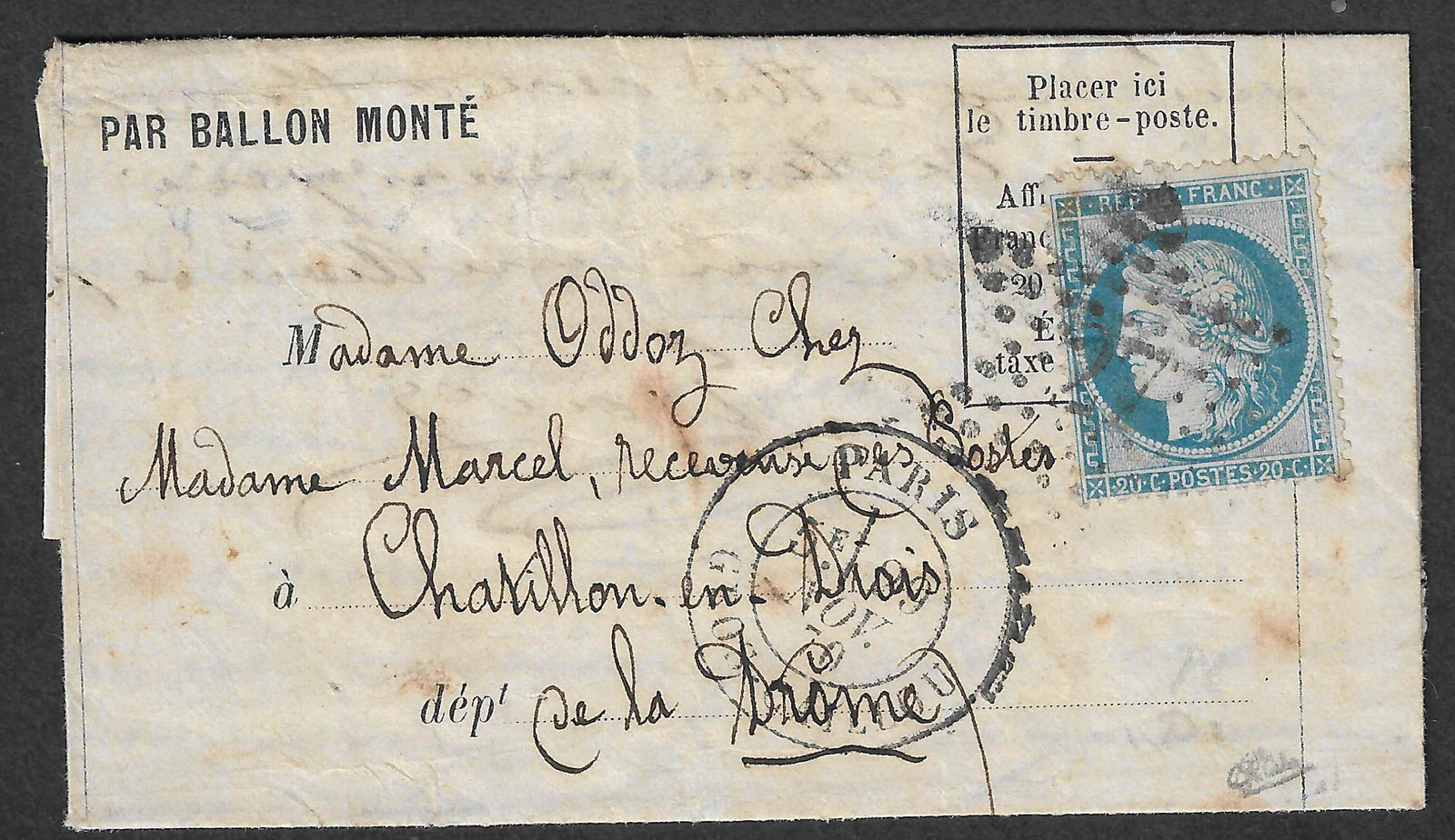 Ballon-monté - avec oblitération Paris Gros Caillou - Le Jules Favre n°2 - TB - signé Calves