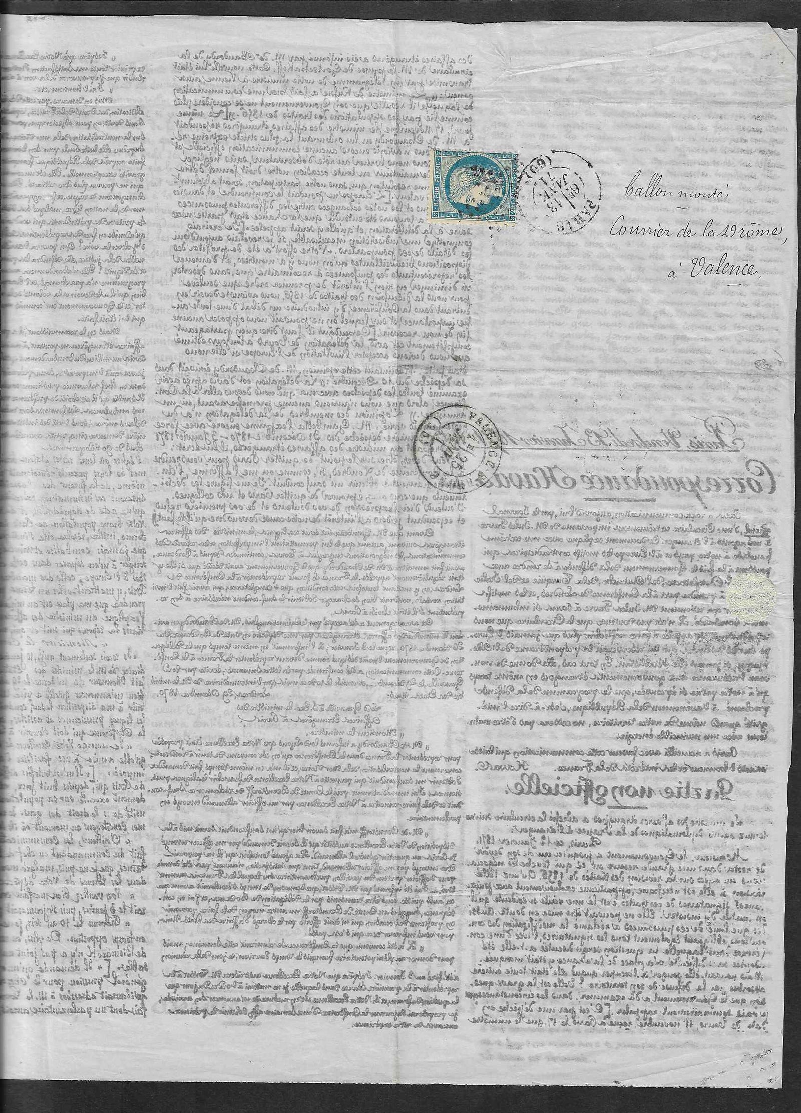 Ballon-monté - correspondance Havas - cachet d'arrivée - TB - signée Calves et avec certificat Calves