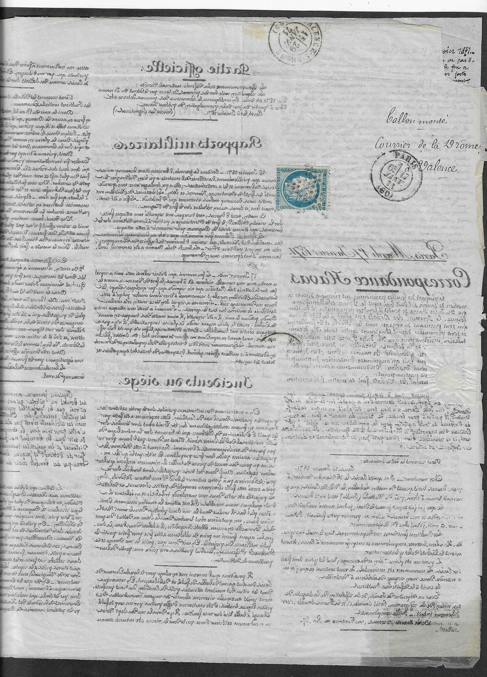 Ballon-monté - correspondance Havas - La Poste de Pariscachet d'arrivée - B/TB - signée Calves