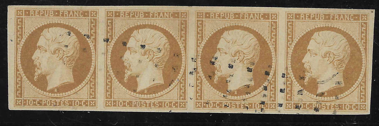 N° 9 - Présidence - 10 c. bistre-jaune - bande de 4 exemplaires horizontale - oblitérée - SUP - signée Brun et avec certificat papier Calves