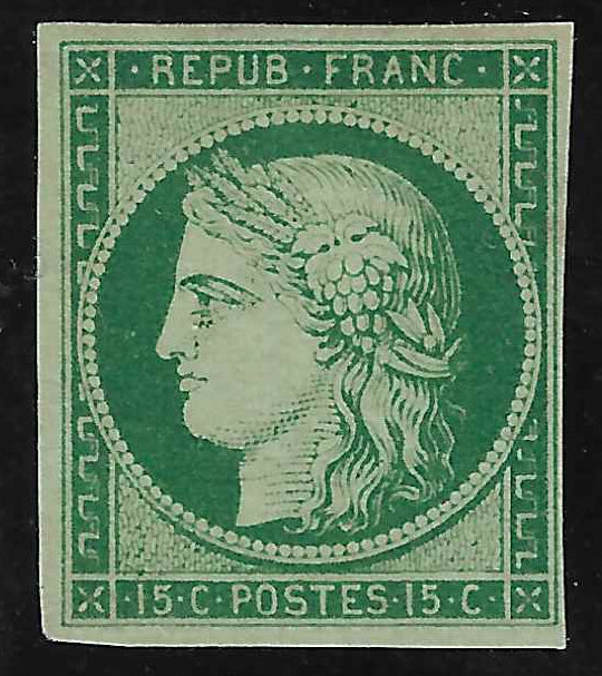 N° 2b - Cérès - 15 c. vert foncé - neuf sans gomme - TB - signéet avec certificats papier Calves et Roumet