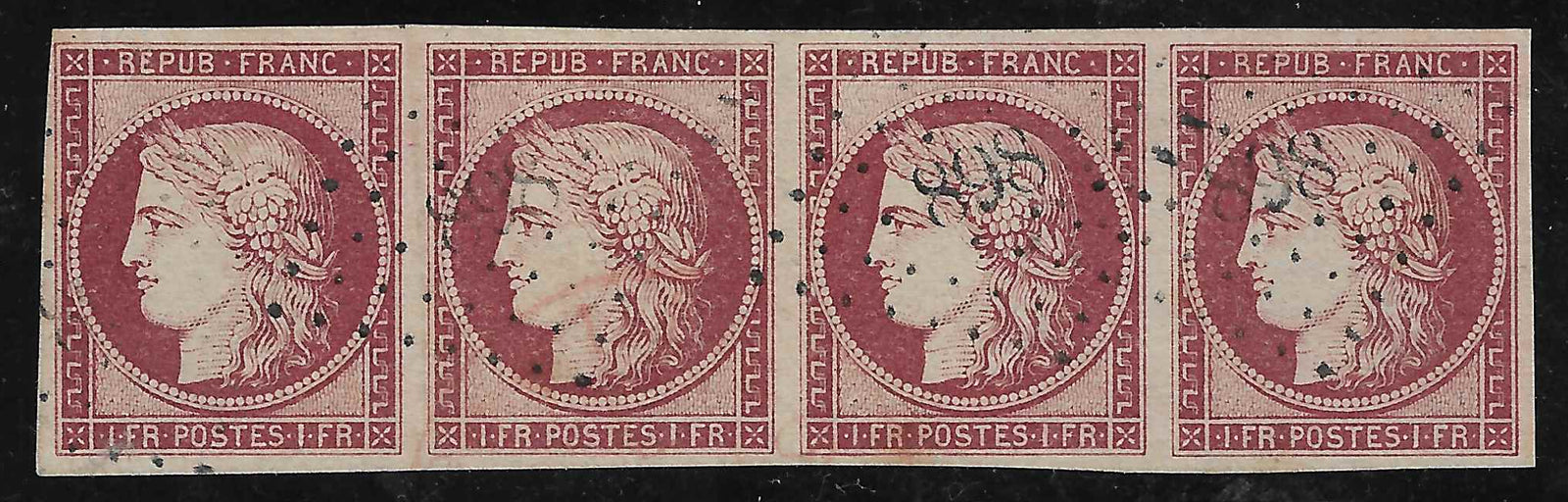 N° 6 - Cérès - 1 fr. carmin - bande de 4 exemplaires - oblitérée - SUP - signée Calves et Brun et avec certificat papier Calves