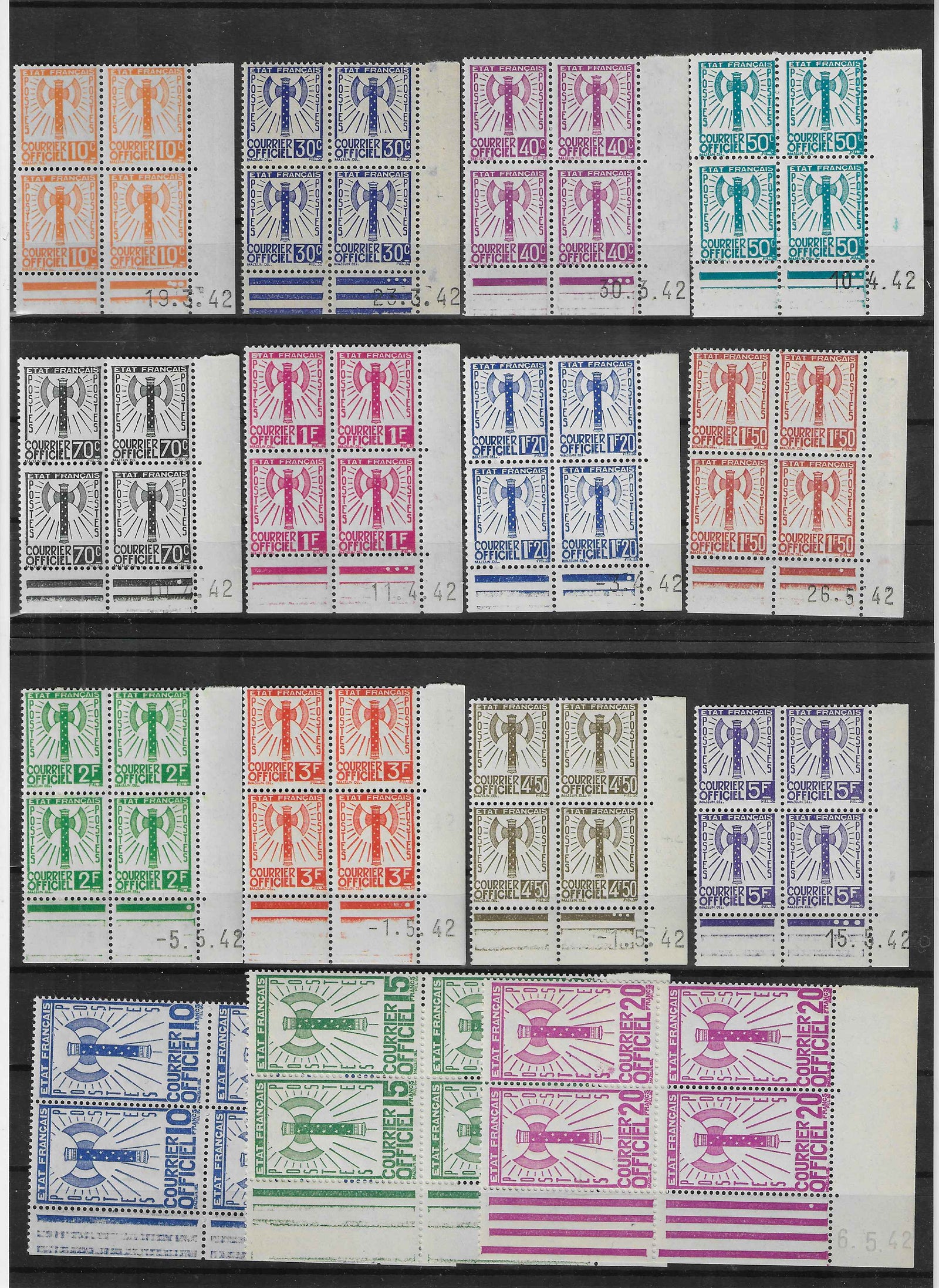 Service n°1 à 15 - Francisque - blocs de 4 exemplaires coins datés - neufs** - SUP - signés et avec certificat papier Calves