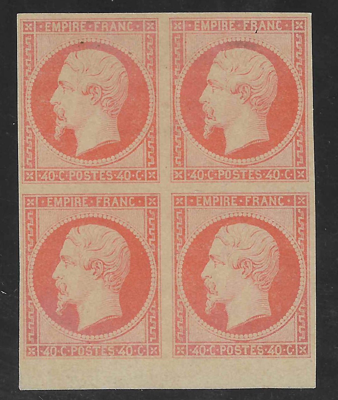 N°16d - Empire - 40 c. orange vif - tirage des Arts et Métiers - bloc de 4 exemplaires - SUP - avec certificats papier Calves et Cohen Sabban