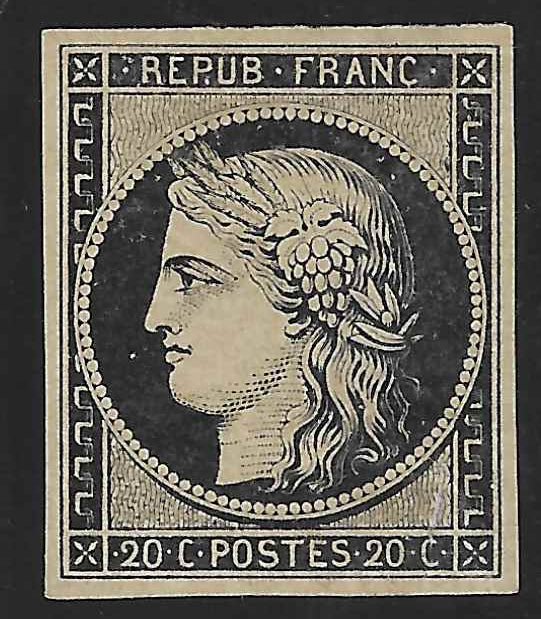 N° 3 - Cérès - 20 c. noir sur jaune - neuf* - TB - signé et avec certificat Calves