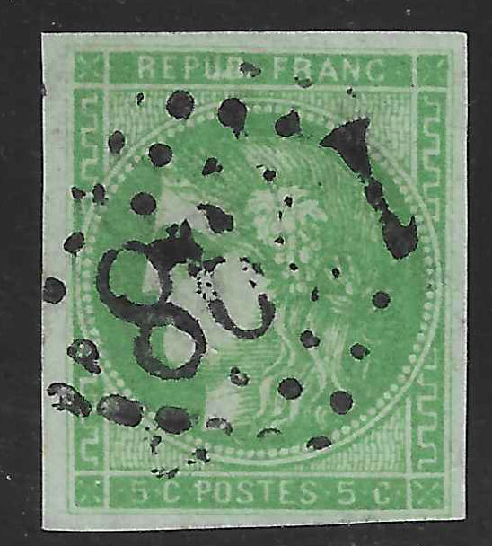 N°42B - Emission de Bordeaux - 5 c. vert-jaune report 2 - oblitéré - TB - signé Calves