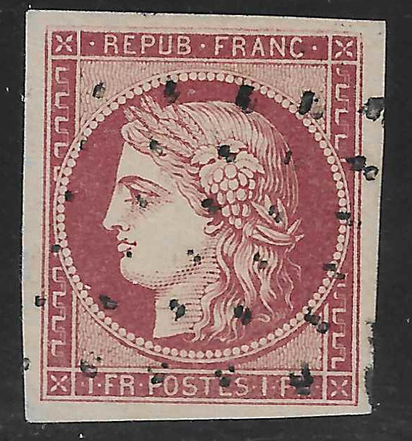 N° 6d - Cérès - 1 fr. carmin cerise - oblitéré - TB - signé et avec certificat papier Calves