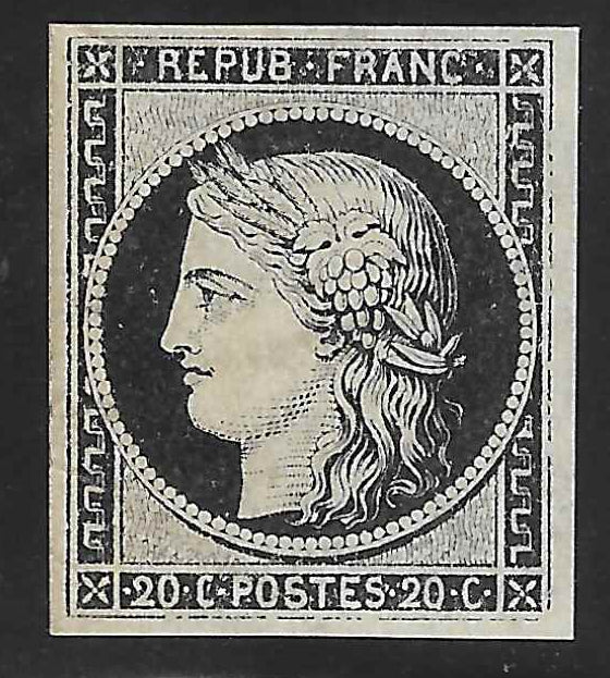N° 3a - Cérès - 20 c. noir sur blanc - neuf* - TB - signé et avec certificat Calves