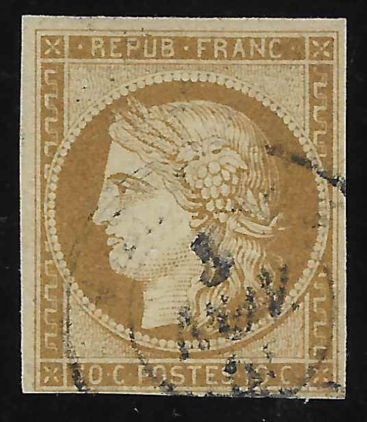 N° 1 - Cérès - 10 c. bistre-jaune - oblitéré cachet à date - TB - signé et avec certificat Calves