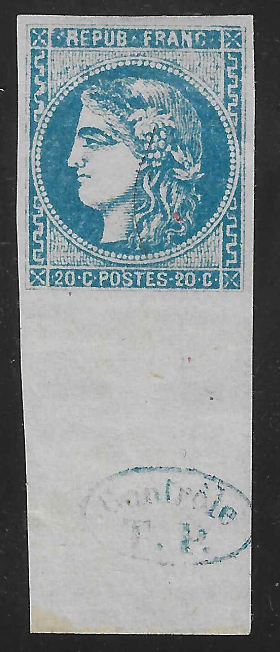 N°46A - Emission de Bordeaux - 20 c. bleu type III report 1 avec marque de contrôle TP - neuf* - signé et avec certificat papier Calves