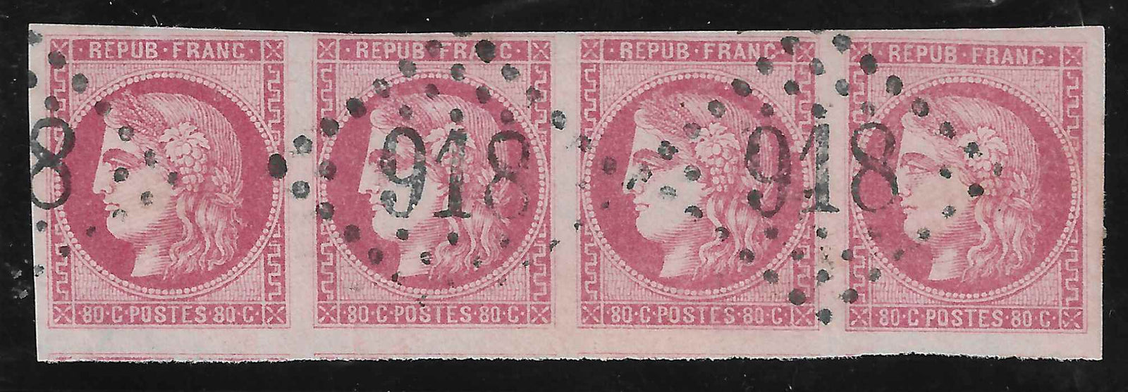 N°49 - Emission de Bordeaux - 80 c. rose - bande horizontale de 4 exemplaires - oblitérée - SUP - signée et avec certificat Calves