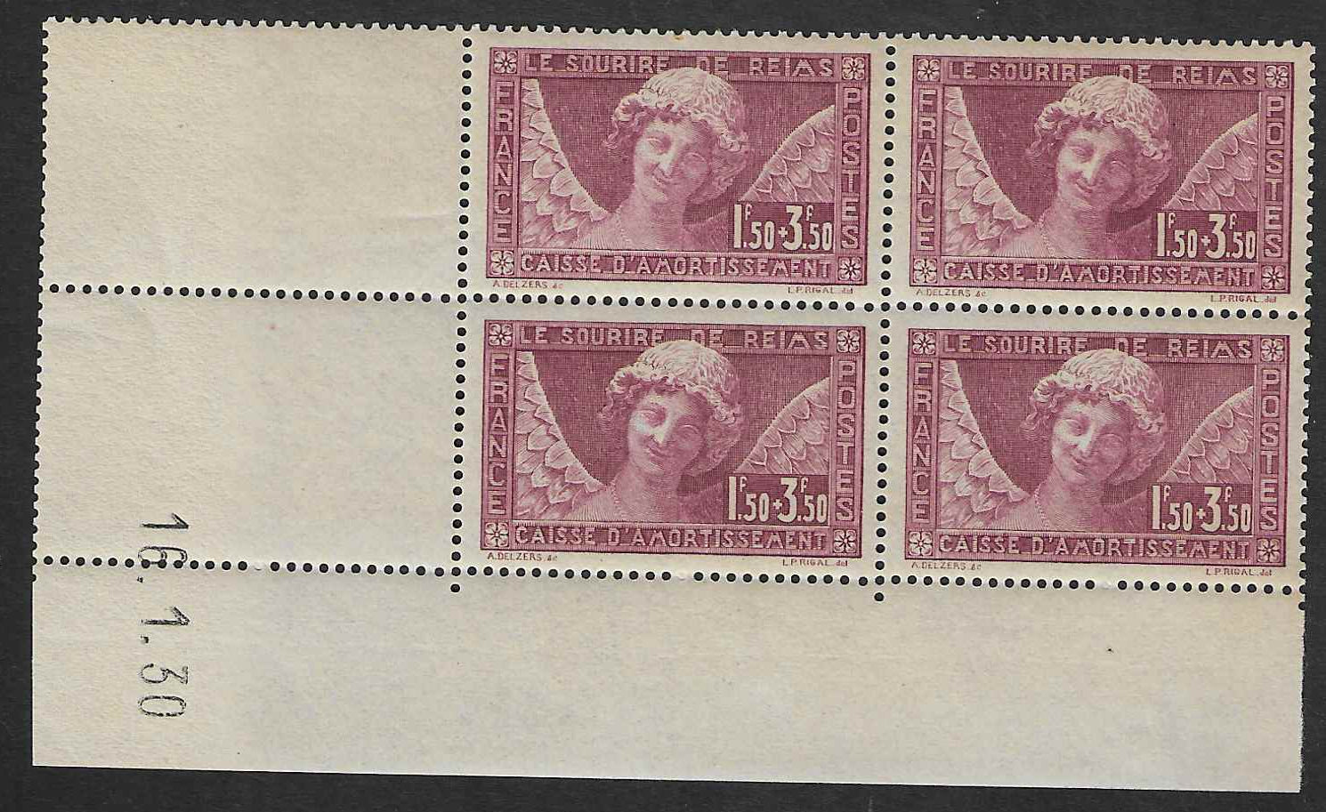 N°YT 256 - Sourire de Reims - bloc de 4 exemplaires coin daté - neuf** - SUP - signé et avec certificat Calves
