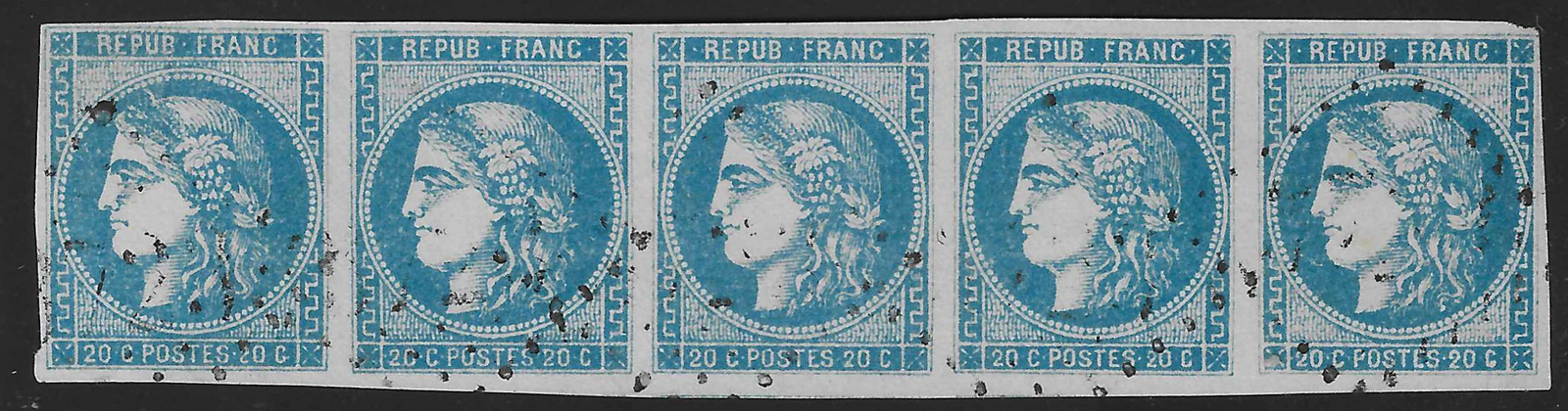 N°46A - 20 c. bleu type III report 2 - bande de 5 exemplaires - oblitérée - TB - signée Calves et Brun et avec certificat papier Calves