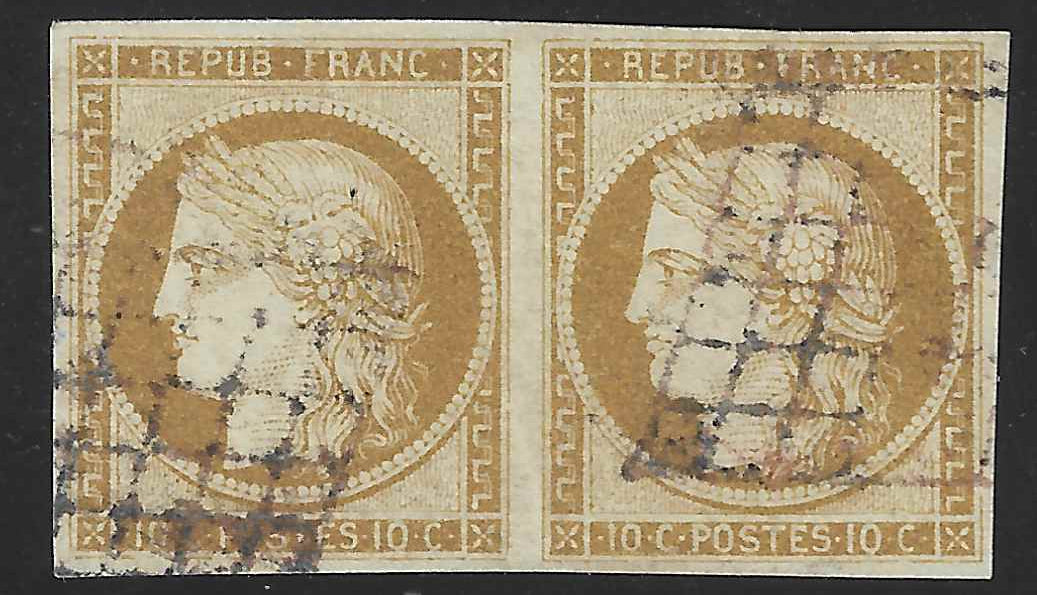 N° 1a - Cérès - 10 c. bistre-brun - paire horizontale - oblitérée - SUP - signée et avec certificat Calves