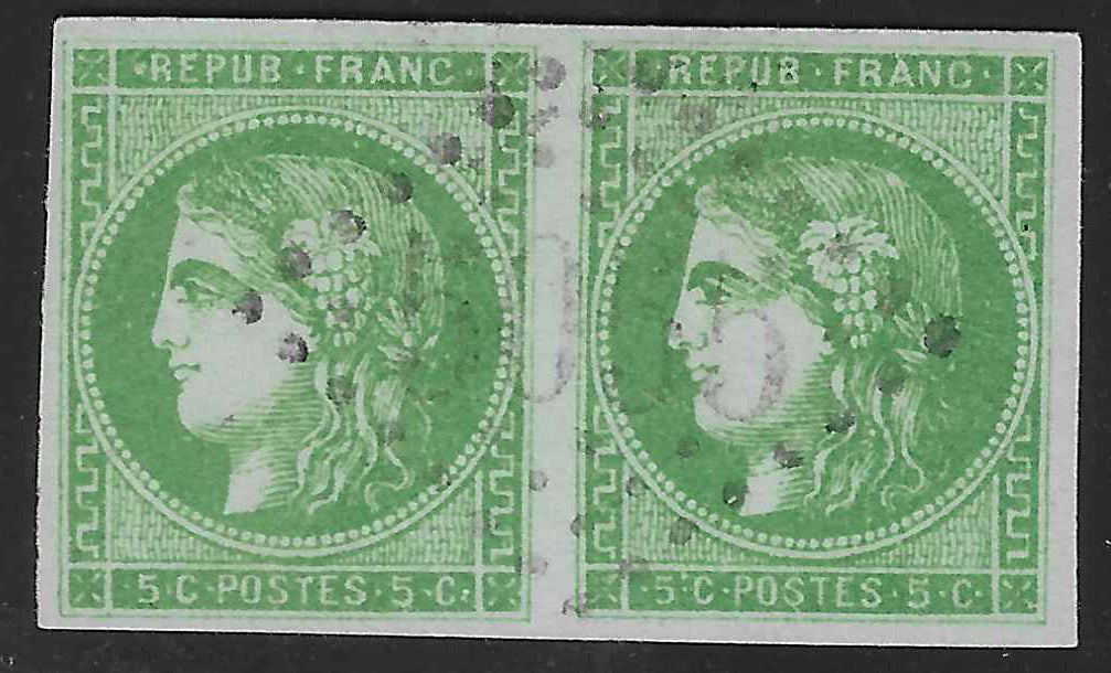 N°42B - Emission de Bordeaux - 5 c. vert-jaune report 2 - paire horizontale - oblitérée - SUP - signée Calves
