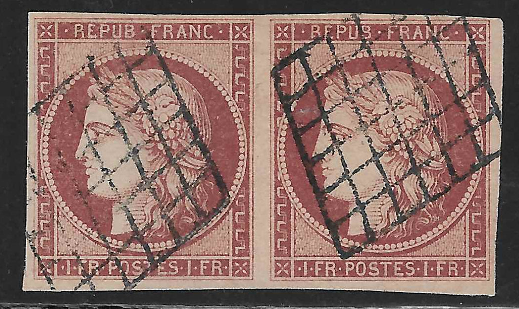 N° 6 - Cérès - 1 fr. carmin - paire - oblitérée - SUP - signée et avec certificat Calves