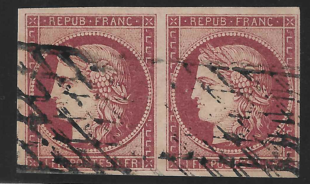 N° 6 - Cérès - 1 fr. carmin - paire - oblitérée - SUP - signée Calves et Brun et avec certificat Calves