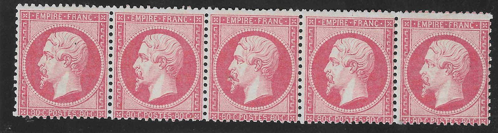 N°24 - 80 c. rose - bande de 5 exemplaires - ex-collection Burrus - neuve*/** - SUP - signée et avec certificats papier Calves et Robineau
