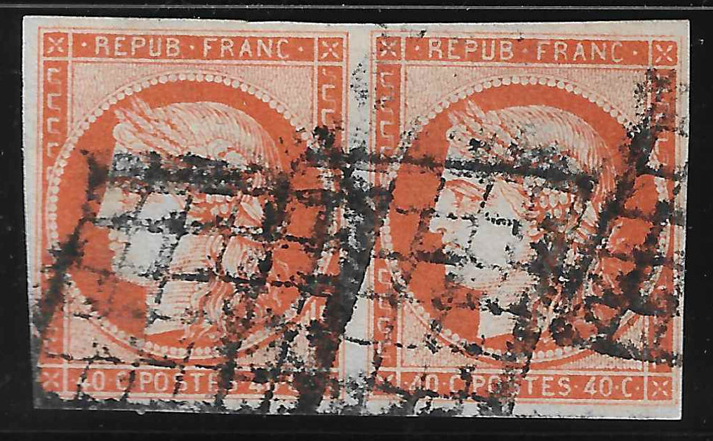 N° 5 - Cérès - 40 c. orange - paire horizontale - oblitérée - TB - signée et avec certificat Calves