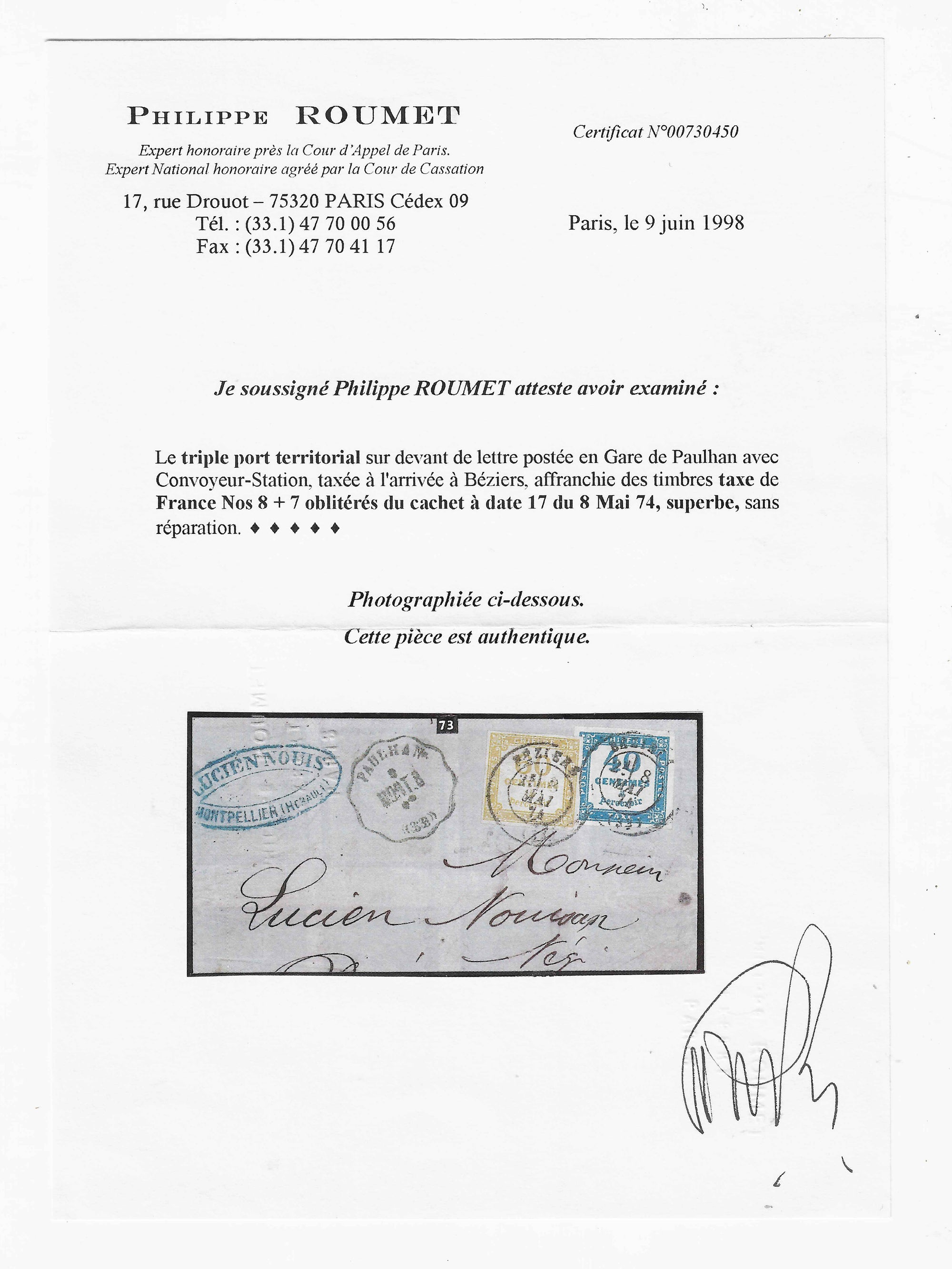 Taxe n° 7 et 8 - 40 c. bleu et 60 c. bistre-jaune - oblitérés sur devant de lettre - SUP - signé Calves et avec certificats papier Calves et Roumet