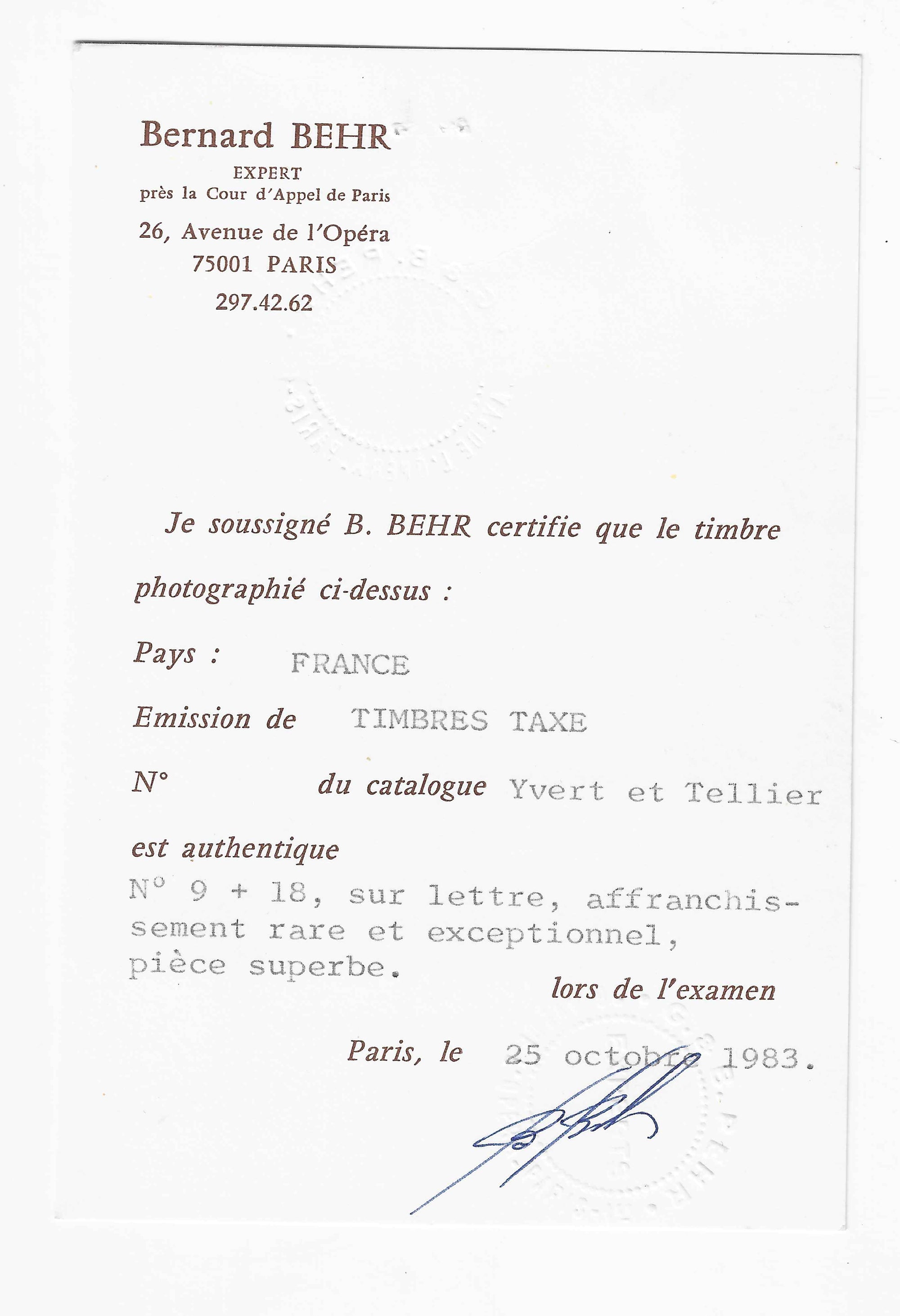 Taxe n° 9 et 18 - oblitérés sur lettre - signée Calves et avec certificats papier Calves et Behr