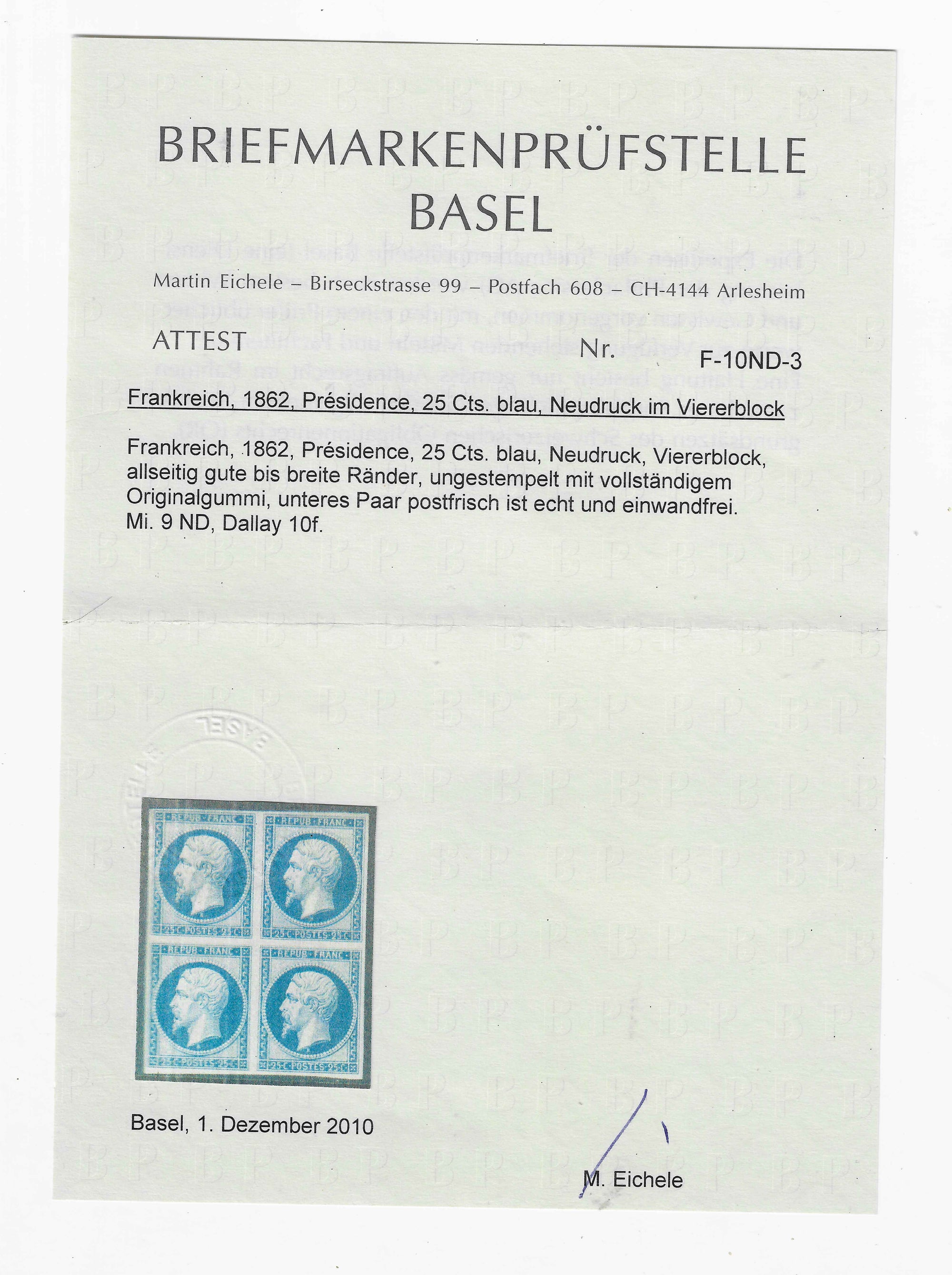 N°15c - Présidence - réimpression 1862 - bloc de 4 exemplaires - neuf*/** - SUP - signé et avec certificats papier Calves et Eichele