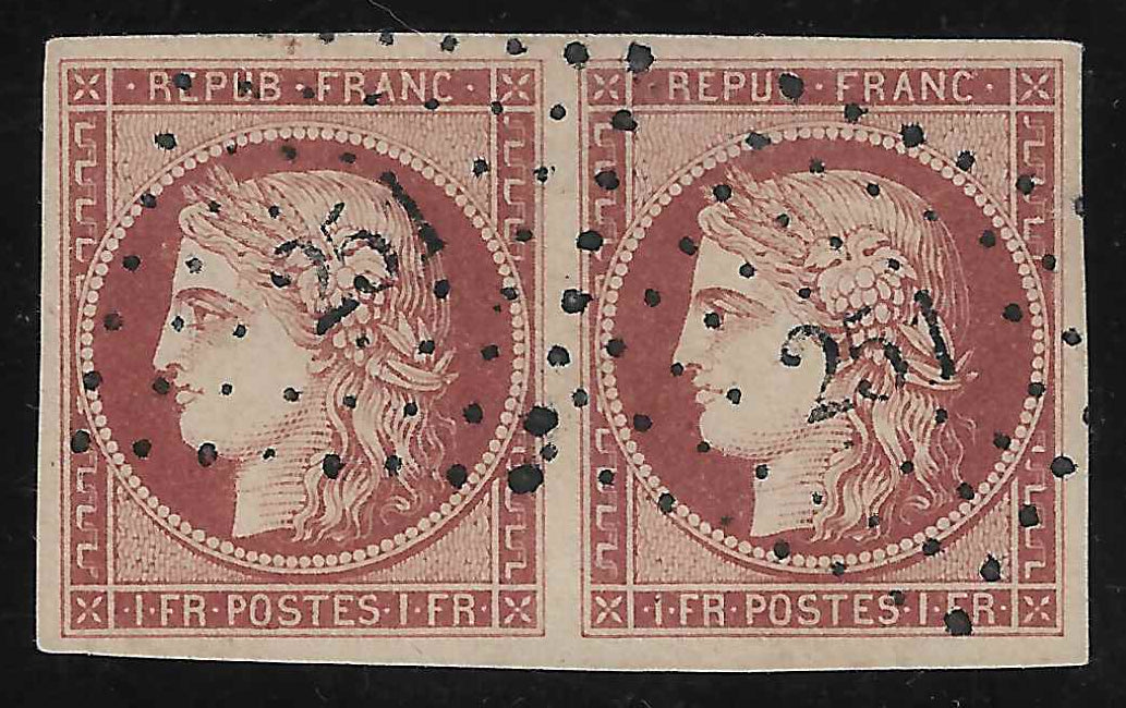 N° 6B - Cérès - 1 fr. carmin-brun - paire - oblitérée - SUP - signée Calves et Brun et avec certificat papier Calves