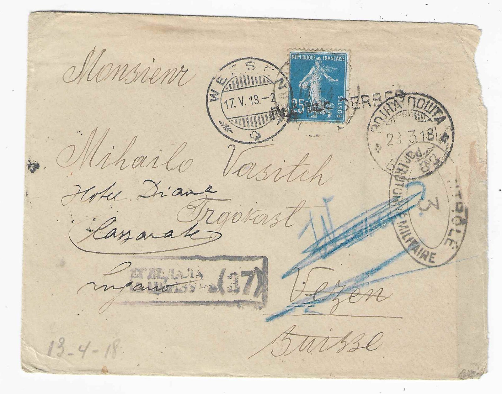 Postes serbes n° 5 - Semeuse - oblitéré sur lettre - TB - signée Calves