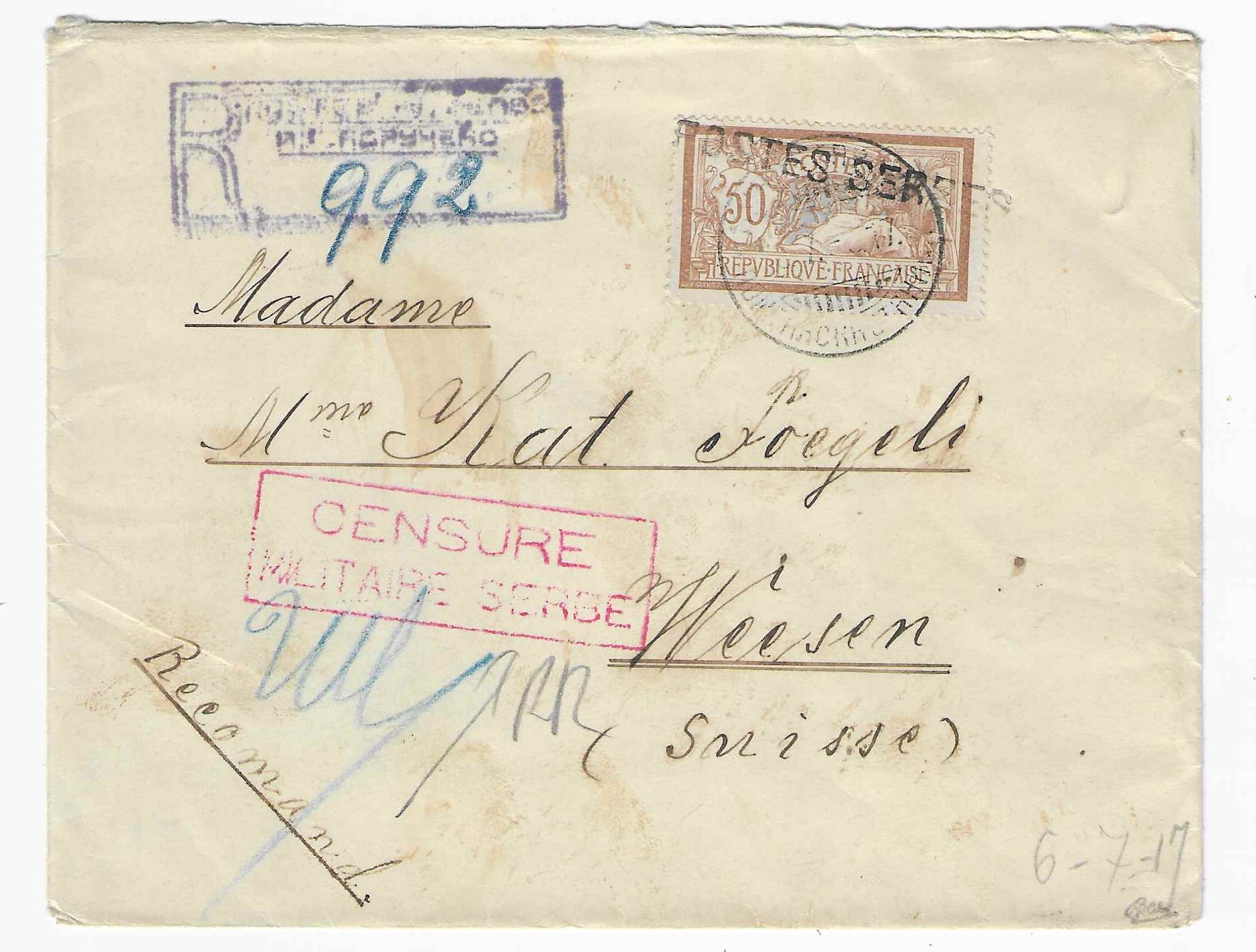 Postes serbes n°10 - Merson - oblitéré sur lettre recommandée - TB - signée Calves