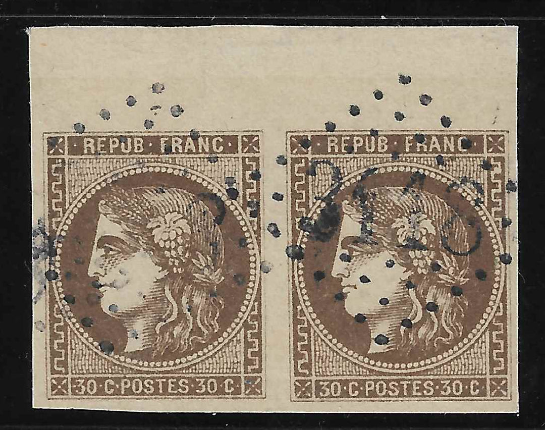 N°47 - Emission de Bordeaux - 30 c. brun - paire horizontale - oblitérée - SUP - signée et avec certificat papier Calves