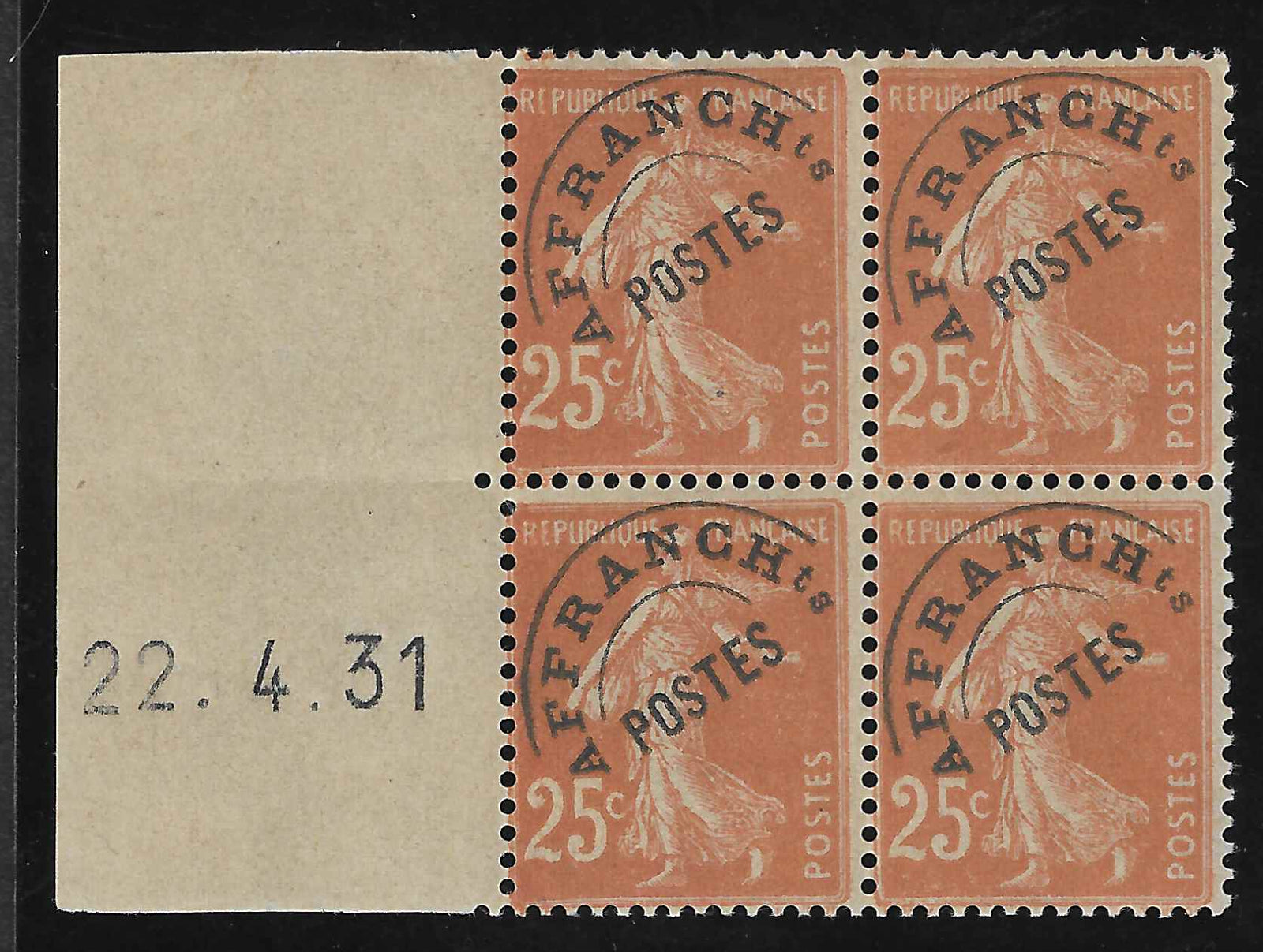 Préoblitéré n°57 - en bloc de 4 exemplaires avec coin daté à gauche - neuf** - SUP - signé et avec certificat Calves