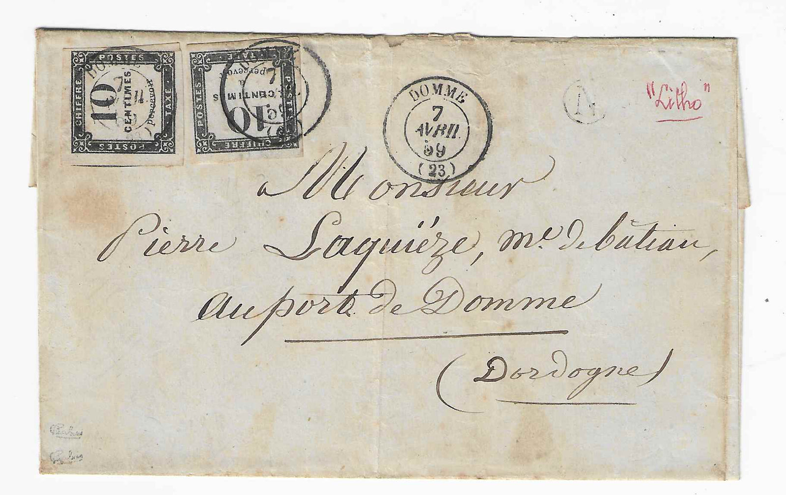 Taxe n° 1 - lithographié - 2 exemplaires oblitérés sur lettre - TB - signé et avec certificat Calves